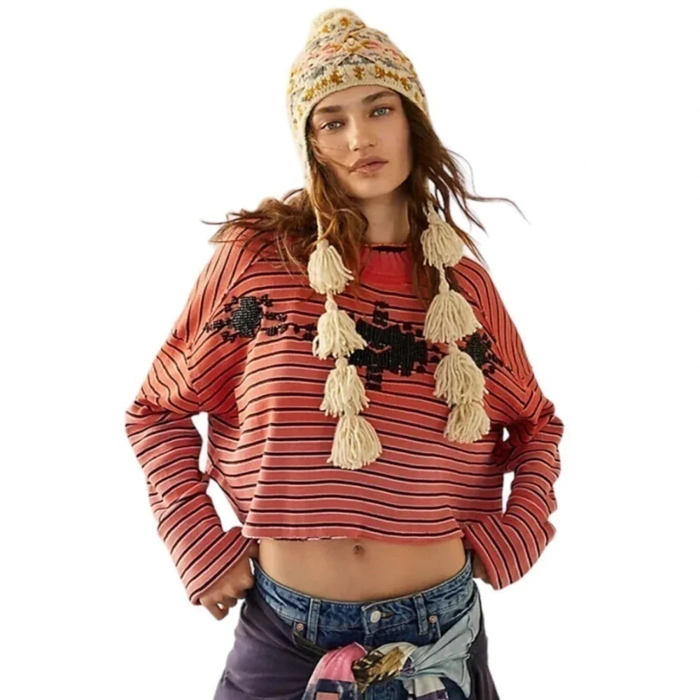 Free People Avalanche Long Sleeve Striped Beaded Tee Top